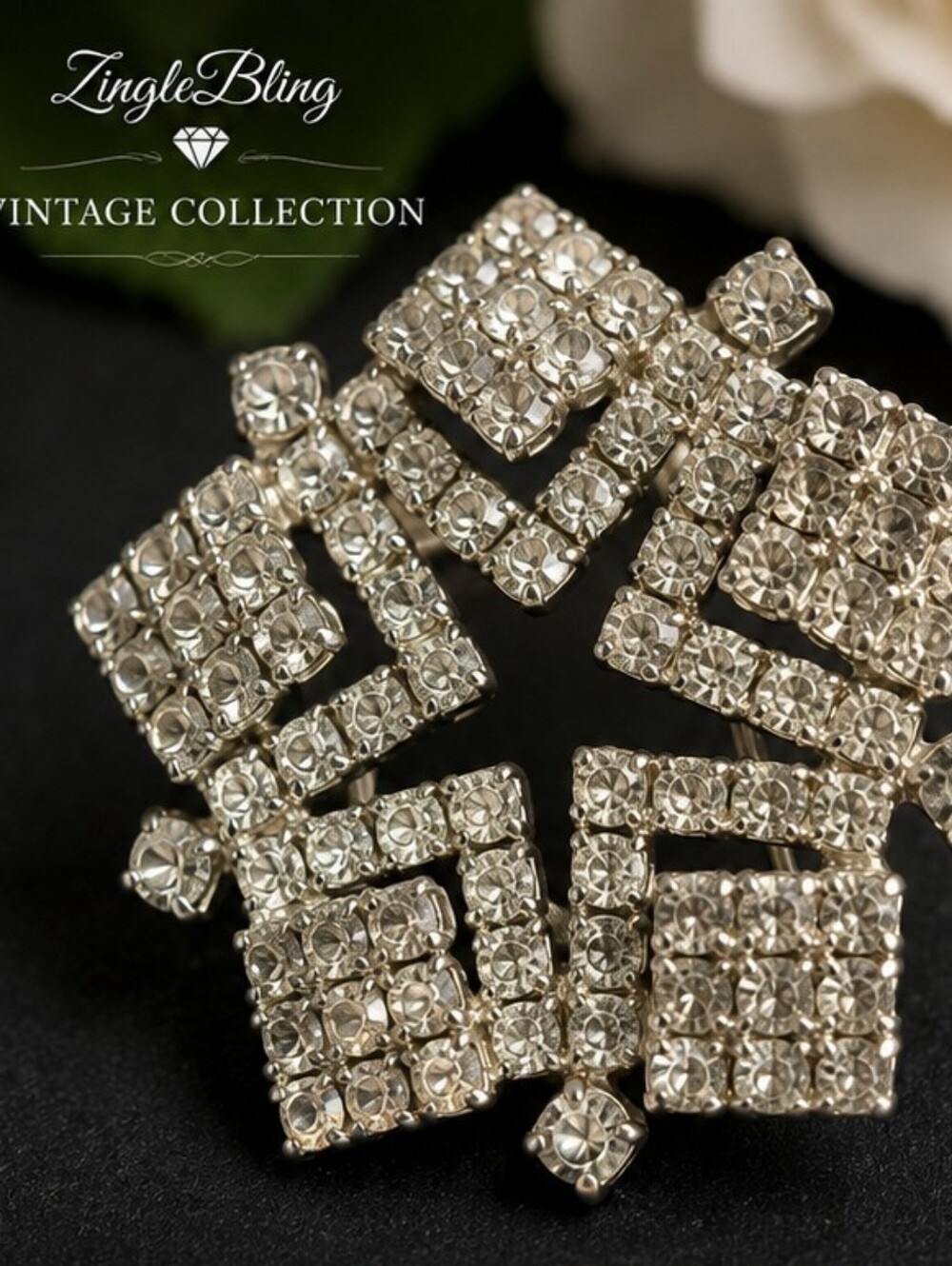 Vintage 1950s Rhinestone Brooch Silver Tone Geometric Crystal Statement Pin